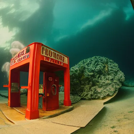 Prompt: film photography of a 1920s wooden gas station at night underwater in front of colourful underwater clouds by Kim Keever. In the foreground floats a seasnake. low shutter speed, 35mm