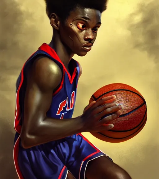 Image similar to portrait of a boy at a basketball court playing basketball wearing a basketball uniform in a basketball court, poised, intense emotion, detailed facial expression, detailed surroundings, intricate, elegant, highly detailed, centered, digital painting, artstation, concept art, smooth, sharp focus, illustration, by Peter Mohrbacher, WLOP