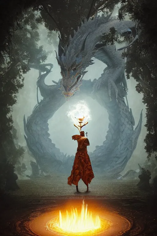 Prompt: a humanoid dragon king stands inside a magical circle by greg rutkowski, magic realism, hyper realistic, 2 0 0 mm lens, candlelight