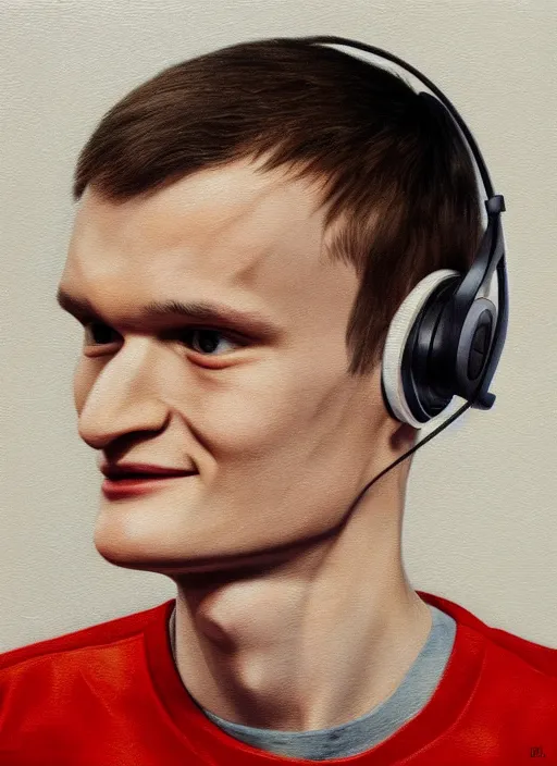 Image similar to vitalik buterin in headphones. vitalik buterin, medium shot, perfect symmetric face, coherent eyes, cute happy face, fine details., 4 k, hans zatska, oil paint