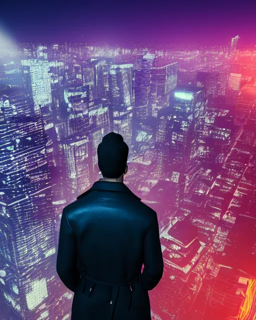 Prompt: an unreal engine rendered night rooftop scene, neon lights in the city below, close up shot of a photorealistic gangster wearing a trench coat looking at the city below, global illumination