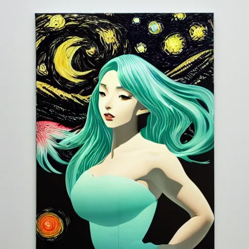 Image similar to A beautiful mixed media art of a woman with long flowing hair, wild animals, and a dark, starry night sky. mint green by Hiroshi Nagai, by Artgerm unplanned, ecstatic