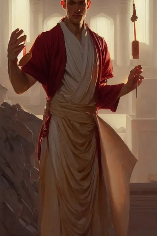 Image similar to male, temple, taoism, painting by greg rutkowski, j. c. leyendecker, artgerm