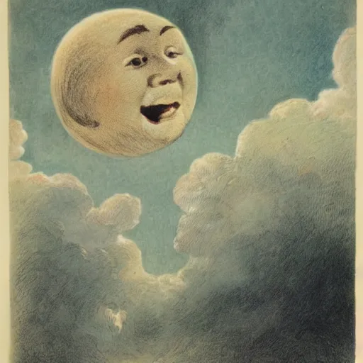 Image similar to celestial smiling moon candid portrait, surrounded by clouds, illustrated by peggy fortnum and beatrix potter and sir john tenniel