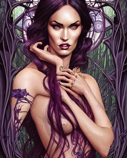 Image similar to new art nouveau closeup portrait of fantasy succubus megan fox wearing a royal dress in an evil forest, anna dittmann, moebius, wlop, artgerm, patrick nagle, charlie bowater and loish. long windblown hair, ultrasharp focus, dramatic lighting, barbwire vine arches, photorealistic digital matte painting, intricate, dark souls