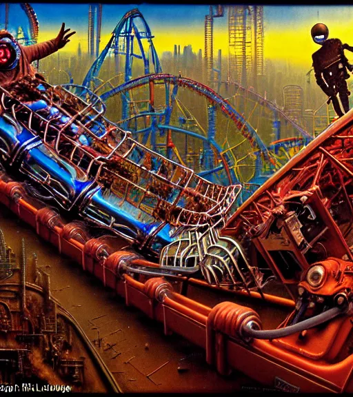 Prompt: junky men ride on rollercoaster, cybertronic gadgets and vr helmet, flesh + technology, durty colours, night, rotten textures, rusty shapes, biotechnology, norman rockwell, tim hildebrandt, wayne barlow, bruce pennington, larry elmore, oil on canvas, deep depth field, masterpiece, cinematic composition, hyper - detailed, hd, hdr
