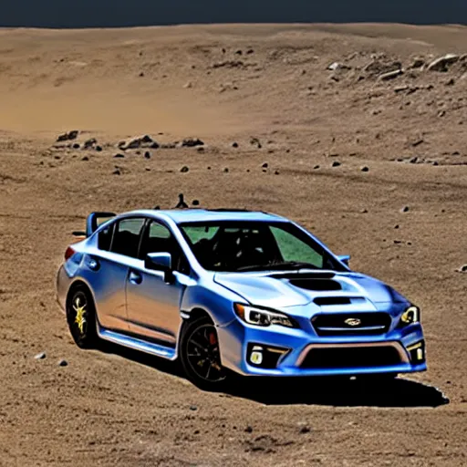 Prompt: a subaru wrx, on the surface of the moon