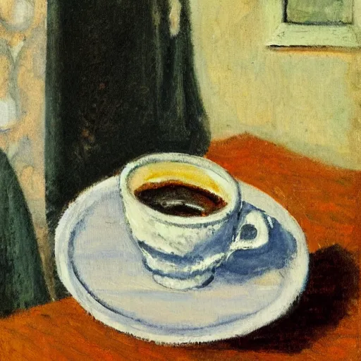 Prompt: a still life of a cup of coffee, impressionism