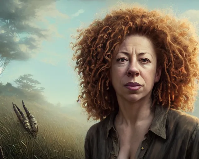 Image similar to highly detailed portrait of alex kingston, in the walking dead, stephen bliss, unreal engine, fantasy art by greg rutkowski, loish, rhads, ferdinand knab, makoto shinkai and lois van baarle, ilya kuvshinov, rossdraws, tom bagshaw, global illumination, radiant light, detailed and intricate environment