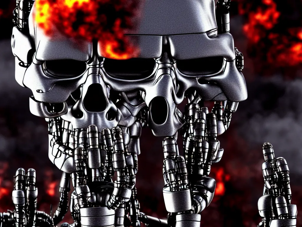 Image similar to terminator endoskeleton close up with a city street background, smoke, fi, chrome, shiny, reflective, metallic, 3 d, render, realistic, hdr, stan winston studios, dramatic lighting, flame colors bright