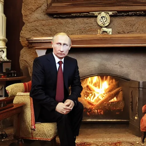 Prompt: vladimir putin in a waistcoat staring at a log fire photograph newspaper award winning