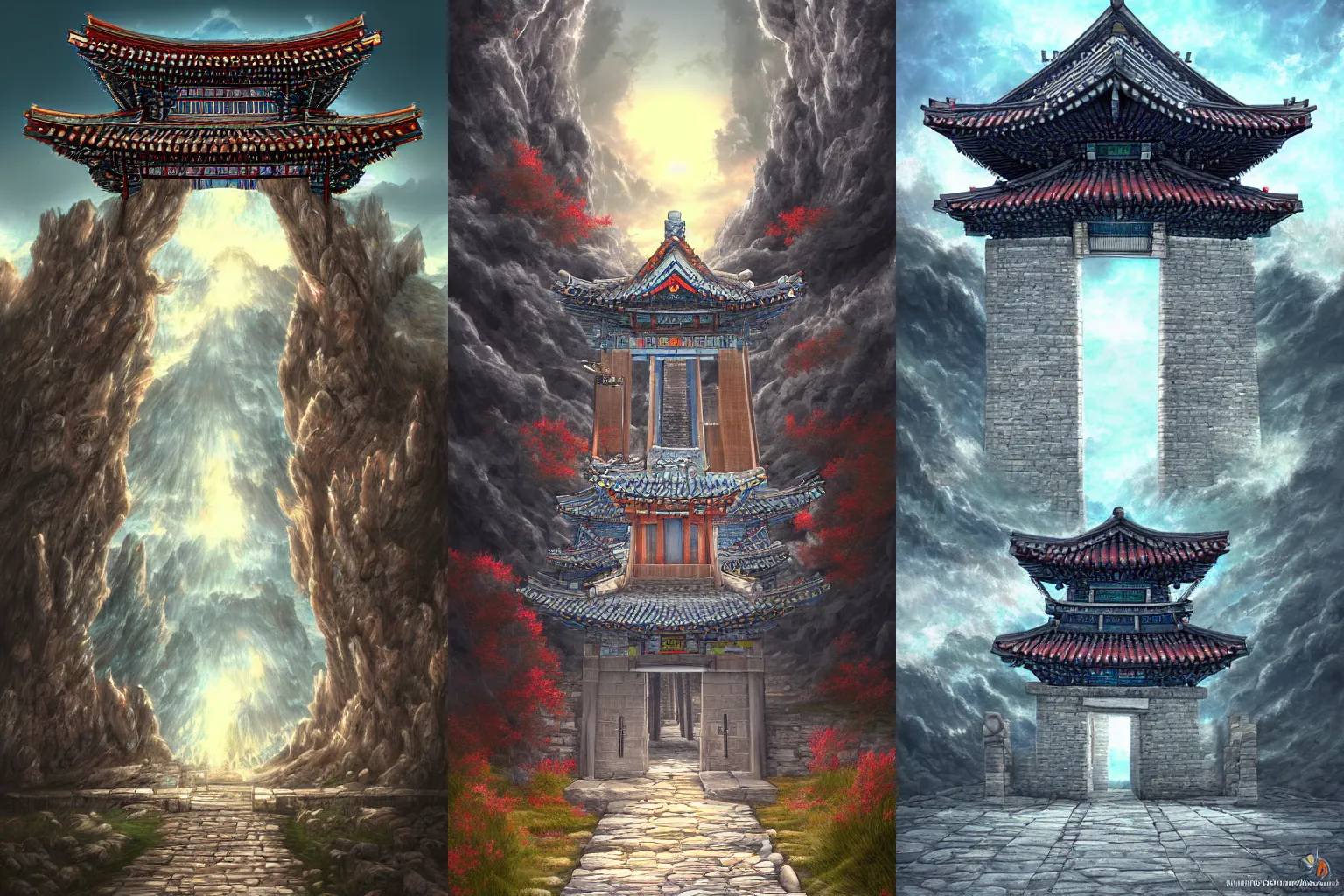 Prompt: The gate to the eternal kingdom of Korea, fantasy, digital art, HD, detailed.