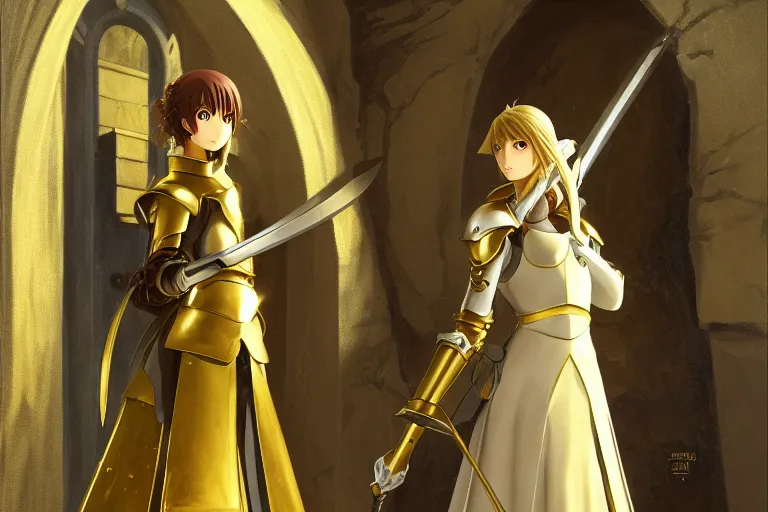 Image similar to anime key visual of young female fantasy knight, shoulder length brown hair shining detailed platinum and gold trim armor, wielding two bloody daggers, standing in the doorway of an ancient stone silver monastery, style of jamie wyeth james gilleard edward hopper greg rutkowski acrylic painting, preserved museum piece, historical