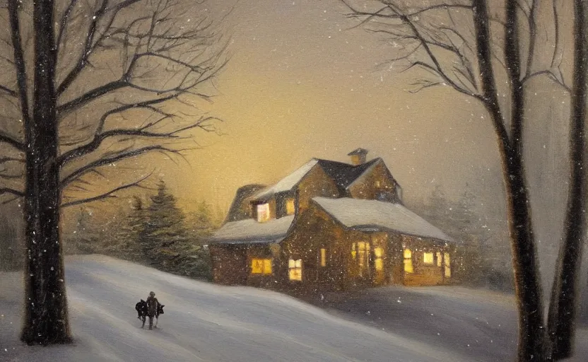 Prompt: snowy dark night scene depicting a single house in the woods with one bright window and a man running away from it. oil painting.