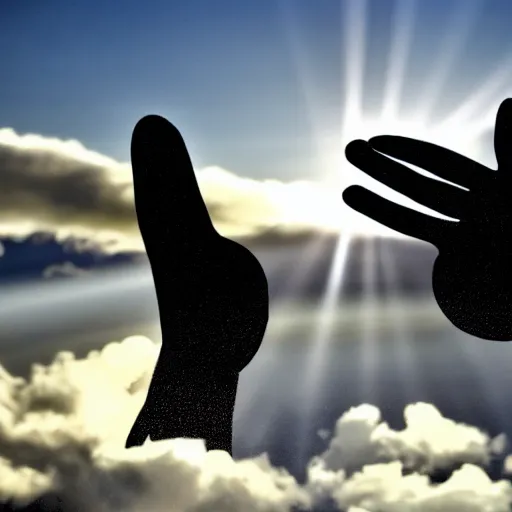 Image similar to a big hand giving a thums up through the clouds. sunshine rays