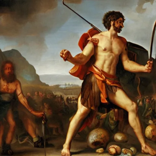 Prompt: high quality high detail painting, of david killing giant goliath
