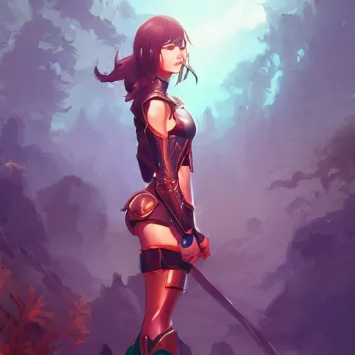 Prompt: fantasy woman in armor looking herself in a pond girl miss attractive eye catching official fanart behance hd artstation by Rossdraws and Jesper Ejsing, by Makoto Shinkai and Lois van baarle, ilya kuvshinov, mystic theme