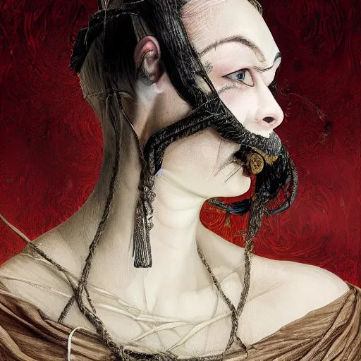 Image similar to portrait of a Shibari rope wrapped face and neck, headshot, insanely nice professional hair style, dramatic hair color, digital painting, of a old 18th century, Royal Emperor, amber jewels, baroque, ornate clothing, scifi, realistic, hyperdetailed, chiaroscuro, concept art, art by Franz Hals and Jon Foster and Ayami Kojima and Amano and Karol Bak,