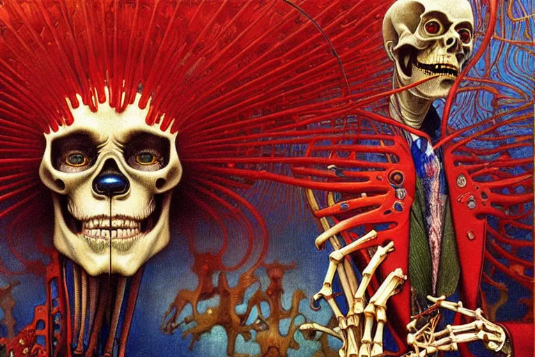 Image similar to realistic detailed closeup portrait painting of a single skeleton wearing red velvet blazer in a crowded futuristic moscow street by Jean Delville, Amano, Yves Tanguy, Alphonse Mucha, Ernst Haeckel, Edward Robert Hughes, Roger Dean, rich moody colours, blue eyes