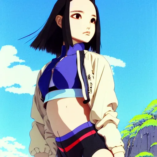 Image similar to a beautiful japanese natalie portman gravure model, wearing oversized native designer bomber jacket and leotard with overalls, bulky poofy bomber jacket with mesoamerican patterns, mesoamerican native street fashion, gapmoe yandere grimdark, trending on pixiv fanbox, painted by greg rutkowski makoto shinkai takashi takeuchi studio ghibli, akihiko yoshida