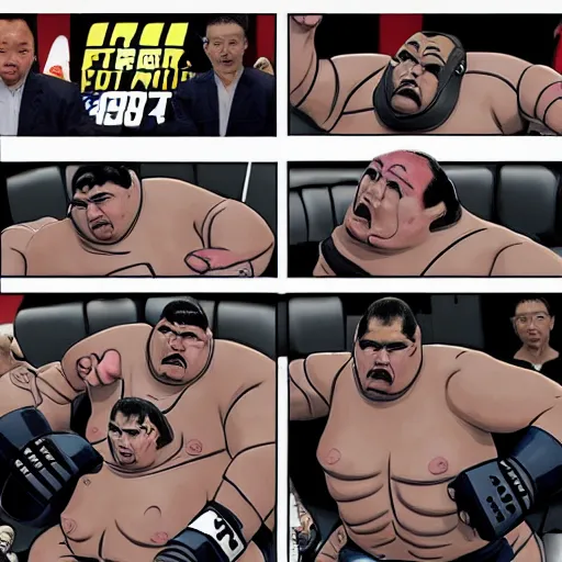 Prompt: robocop getting beat up by sumo wrestler in the ufc octagon