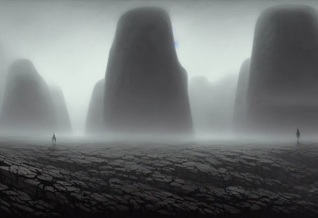 Image similar to The landscape of a gray wasteland with gray dry land, enclosed in incredibly gigantic enormous smoothed stone walls. The walls are so far apart that they disappear over the horizon. Art by Finnian MacManus, Simon Stalenhag, Arthur Rackham. Fog, masterpiece, fantasy art, cinematic, hyperdetailed, photorealistic, hyperrealism, octane rendering, 8k, aerial view