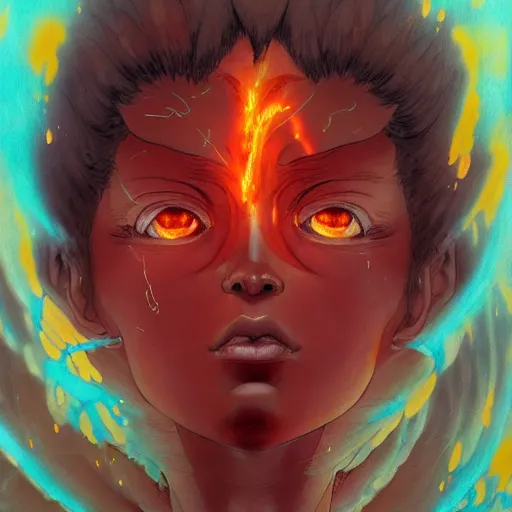 Image similar to prompt : magma character portrait soft light painted by james jean and katsuhiro otomo and erik jones, inspired by evangeleon anime, smooth face feature, intricate oil painting, high detail illustration, sharp high detail, manga and anime 1 9 9 9