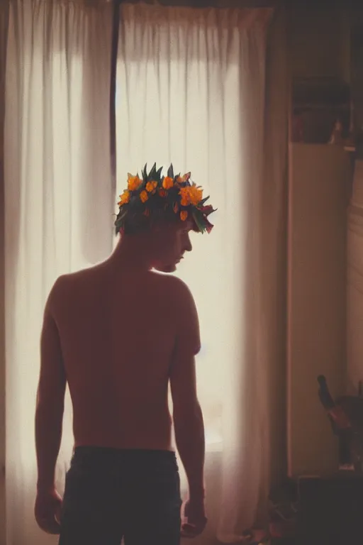 Image similar to agfa vista 4 0 0 photograph of a skinny blonde guy standing in a cluttered 9 0 s bedroom, flower crown, back view, grain, moody lighting, moody vibe, telephoto, 9 0 s vibe, blurry background, vaporwave colors!, faded!,