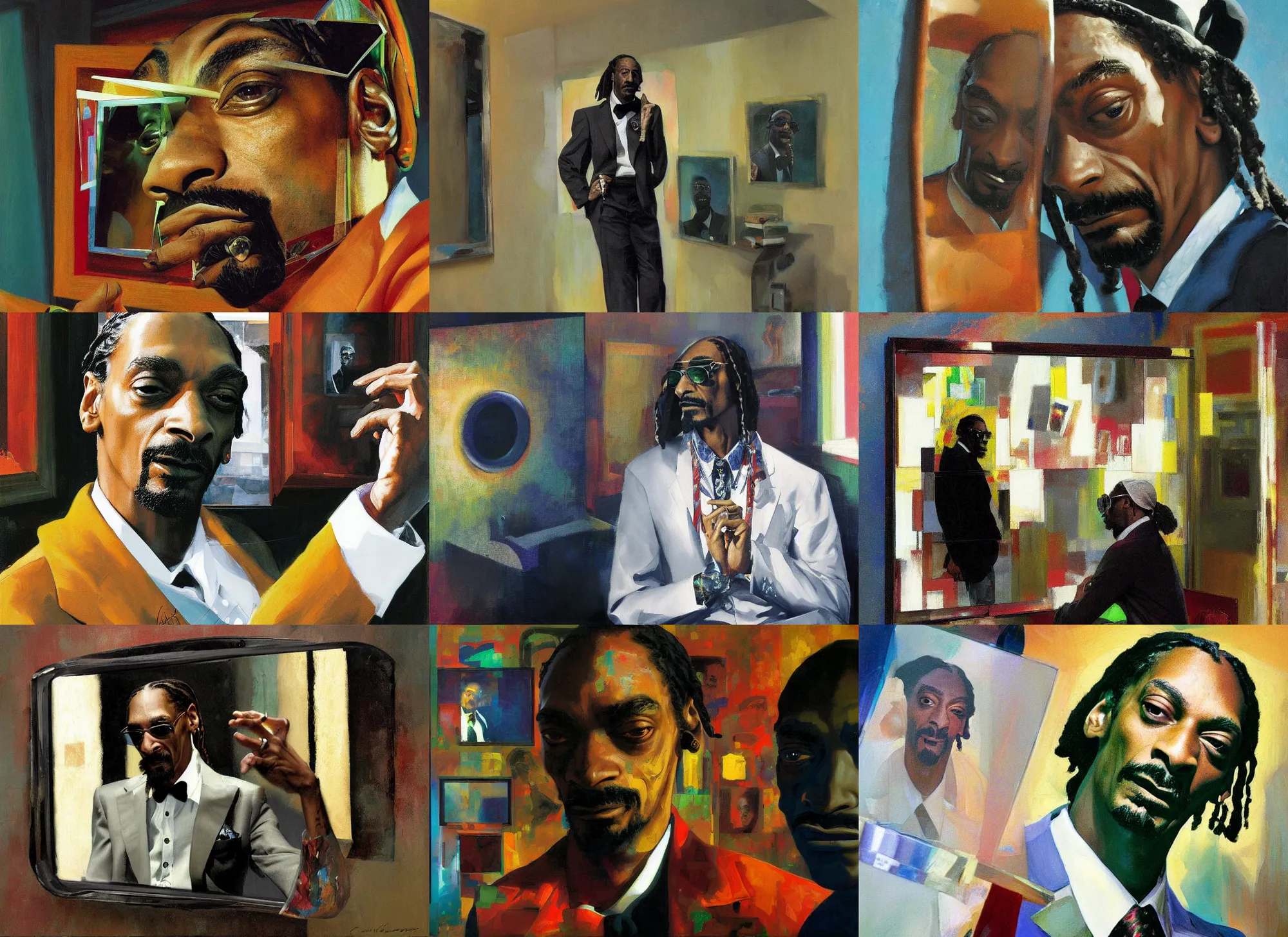 Prompt: a full decollage portrait of snoop dogg, fractured mirror, painting by craig mullins, by edward hopper