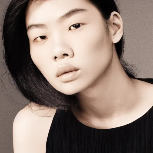 Image similar to close up of face of asian female fashion model, sitting on chair, official jil sander editorial, highly detailed