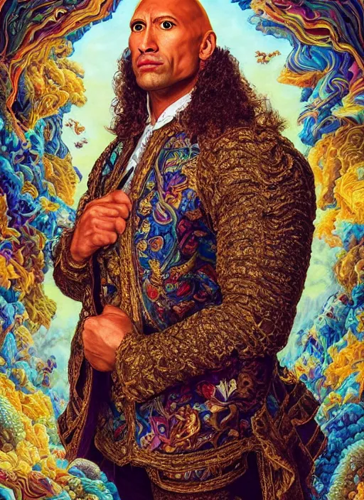 Image similar to beautiful oil painting, portrait of Dwayne the rock Johnson as Louis xiv in coronation robes 1701, Dan Mumford, dan Mumford, Dan Mumford, Alex grey, Alex grey, lsd visuals, dmt fractal patterns, entheogen, psychedelic, hallucinogen, coherent, highly detailed, ornate