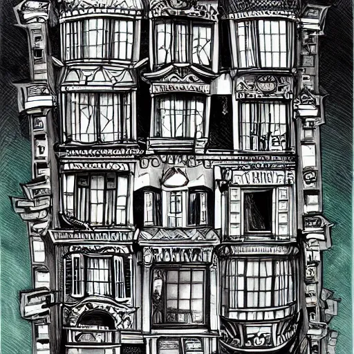 Prompt: a drawing of a house with a lot of windows, concept art by dr seuss, pixiv, maximalism, concept art, official art, maximalist