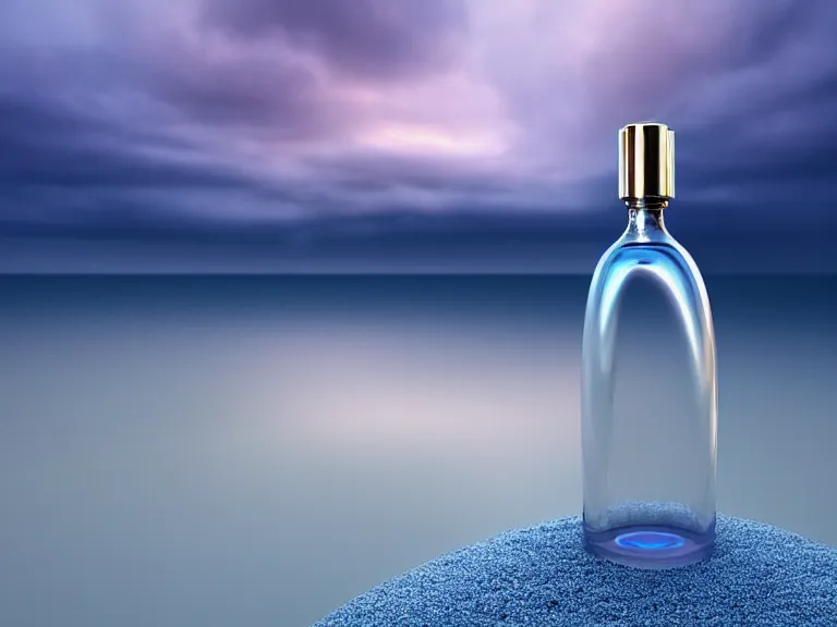 Image similar to perfume bottle standing on lilpadss in a deep blue frosted pond ; mute dramatic colours, soft blur outdoor stormy sea background, dramatic, mid day, sand dune background, soft lilac skies, large scale, hyperrealistic, lots of detail, realistic lighting, octane render, by wlop, artgerm, trending on artstation