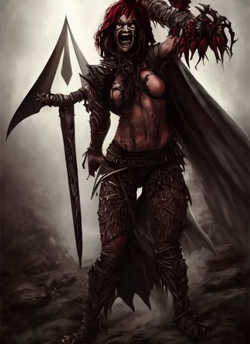 Image similar to female vampire warrior holding a monstrous zweihander, full portrait, sharp teeth, smiling, muscular, flying, barefoot, foot wraps, exposed toes, black heavy armor, realistic armor, metal mask, in the style of ghostblade, wlop, modern fantasy, regular proportions.