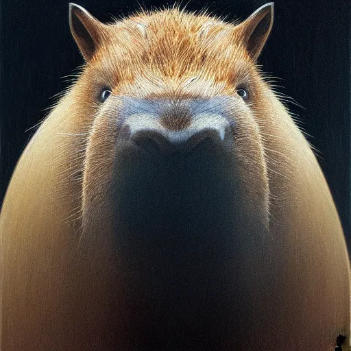 Image similar to a portrait of a capybara wearing a black hood, cloak covering face, anatomically correct, beautiful perfect face, enigmatic, oil painting, matte, black background, volumetric dynamic lighting, highly detailed, cinematic lighting, unreal engine, 8 k, hd, by beksinski