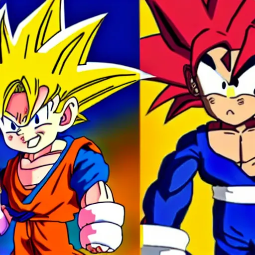 Prompt: Goku has a super power battle against Sonic the hedgehog