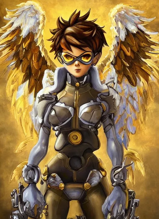 Image similar to full body oil painting of tracer overwatch in the style of frank frazetta, angel wings, angelic golden armor, dramatic painting, symmetrical composition, ornate, golden chains, high detail, gold detailed collar!!!!!, blooming, angelic, lights, flowers, heavenly, bright, detailed face,