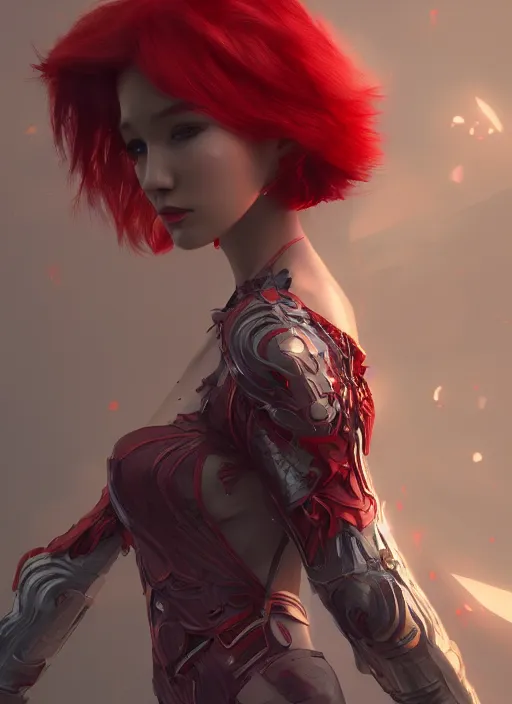 Prompt: a beautiful red - haired girl dressed as a superhero, intricate, elegant, highly detailed, digital painting, artstation, concept art, smooth, sharp focus, illustration, ethereal, misty, by zeen chin and ruan jia, 8 k, octane render