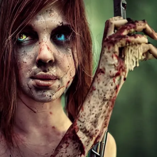 Image similar to a beautiful woman killing a zombie