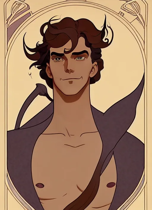 Image similar to art nouveau portrait of centaur man, natural lighting, path traced, highly detailed, high quality, cartoon, digital painting, by don bluth and ross tran and studio ghibli and alphonse mucha