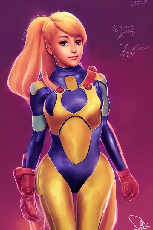 Prompt: Ariana Grande as Samus Aran, golden hour, by greg Rutkowksi, by artgerm