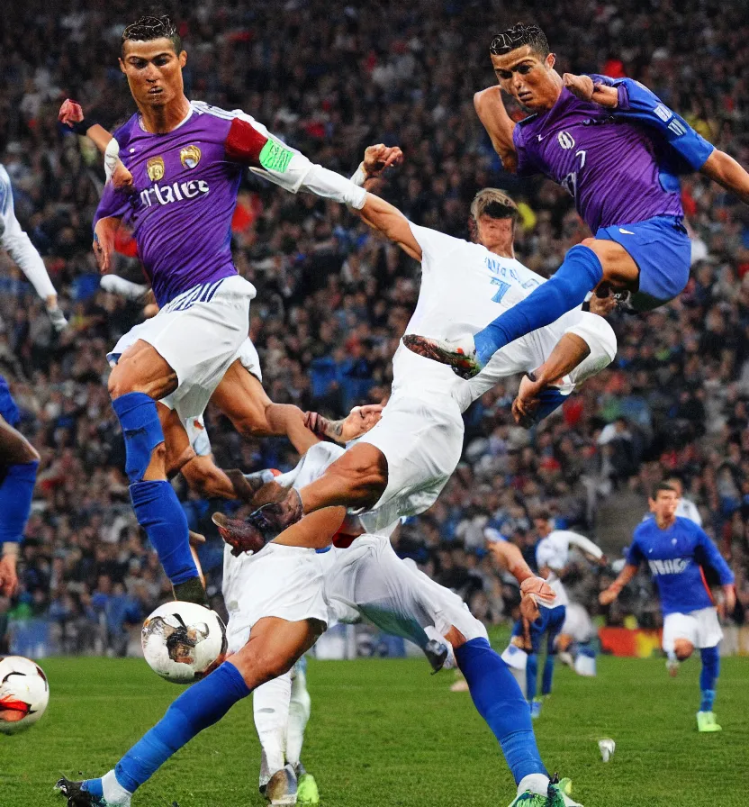 Image similar to cristiano Ronaldo tackling a blue meat ball in the style of siudmak, football, nike