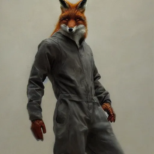 Prompt: fox foxman wearing a jumpsuit by ruan jia, portrait