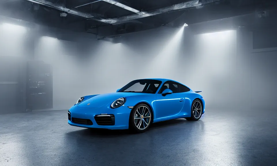 Prompt: photograph of a blue porsche 911 standing in a garage, centered, mist, volumetric light, cinematic lighting, octane render, 4k, ultra realistic