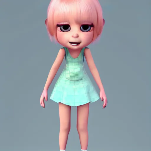 Image similar to A portrait of Nikki from Shining Nikki and Love, a cute 3d cgi toon young woman with long light pink hair, full bangs, hazel eyes, full face, light makeup, pale skin, Chinese heritage, cute outfit, medium shot, mid-shot, hyperdetailed, 8k, trending on artstation, as a Pixar character