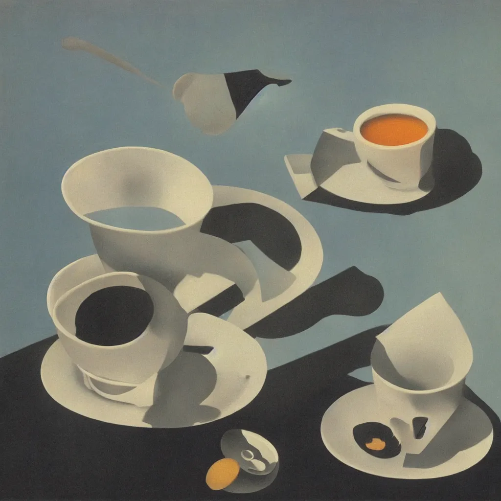 Image similar to Rene Magritte painting of a cup of tea, high quality, surrealist