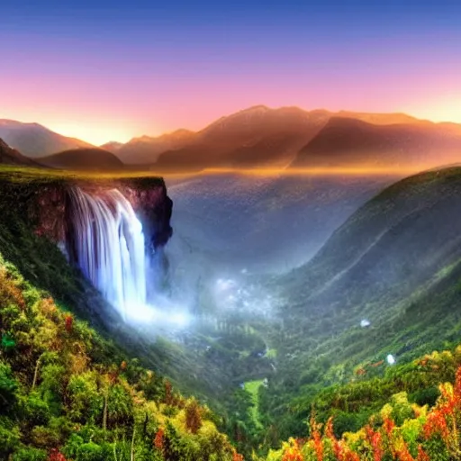 Image similar to beautiful mountain valley, cinegraphic, very very very detailed, waterfall, blue sky