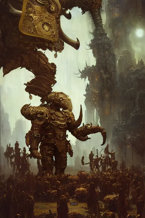 Image similar to scientists in a laboratory observe an elephantine extraterrestrial wearing armour, painted by ruan jia, raymond swanland, lawrence alma tadema, zdzislaw beksinski, norman rockwell, jack kirby, tom lovell, alex malveda, greg staples