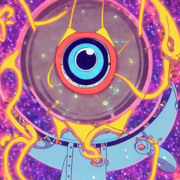 Prompt: close up of mamimi samejima from flcl, psychedelic background, epcot, inside a space station, eye of providence, female anime character, giygas, charles burchfield