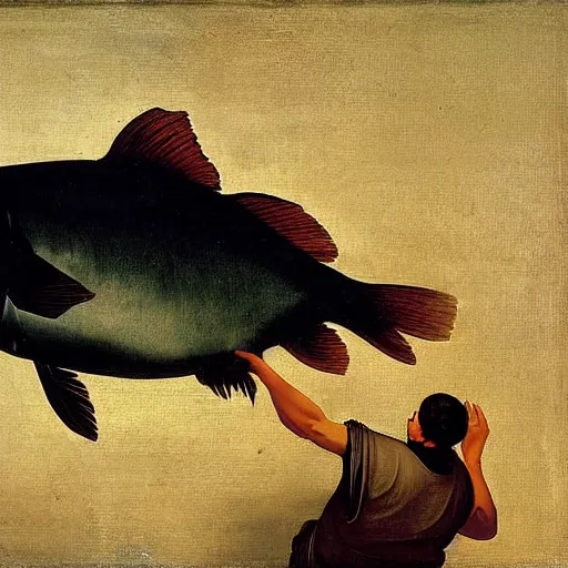 Image similar to painting of a big fish, by Caravaggio